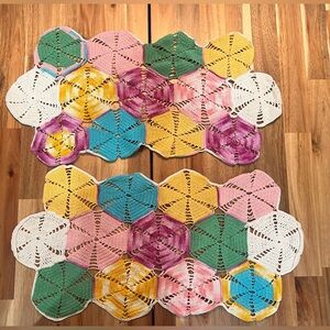 Crochet Hexagon Vintage Table Colorful Kalidescope Placemats or Doilies